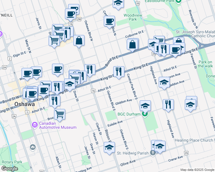 map of restaurants, bars, coffee shops, grocery stores, and more near 330 Athol Street East in Oshawa