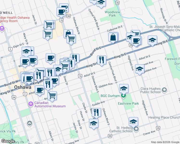 map of restaurants, bars, coffee shops, grocery stores, and more near 30 Oshawa Boulevard South in Oshawa