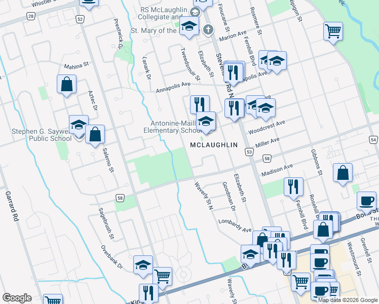 map of restaurants, bars, coffee shops, grocery stores, and more near 247 Waverly Street North in Oshawa
