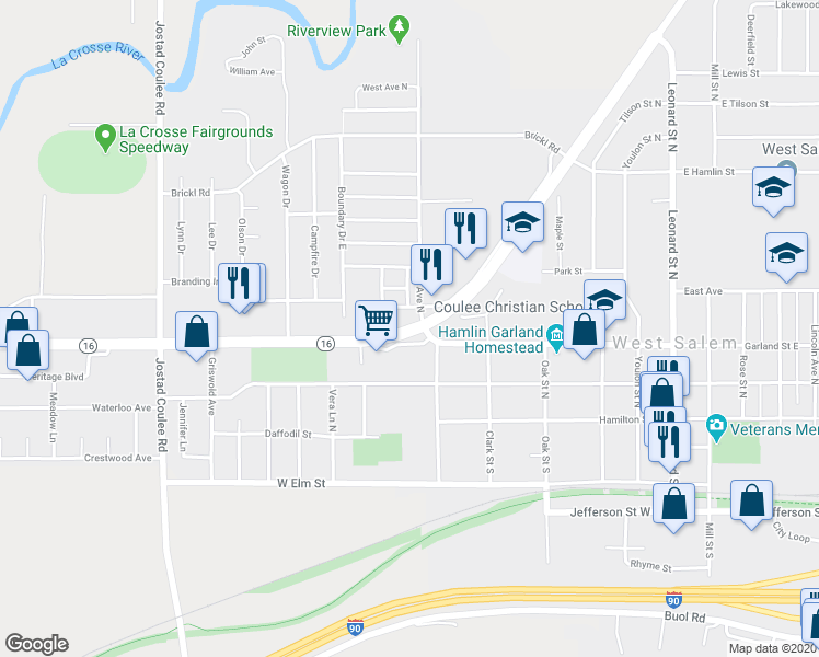 map of restaurants, bars, coffee shops, grocery stores, and more near 498 Wisconsin 16 in West Salem