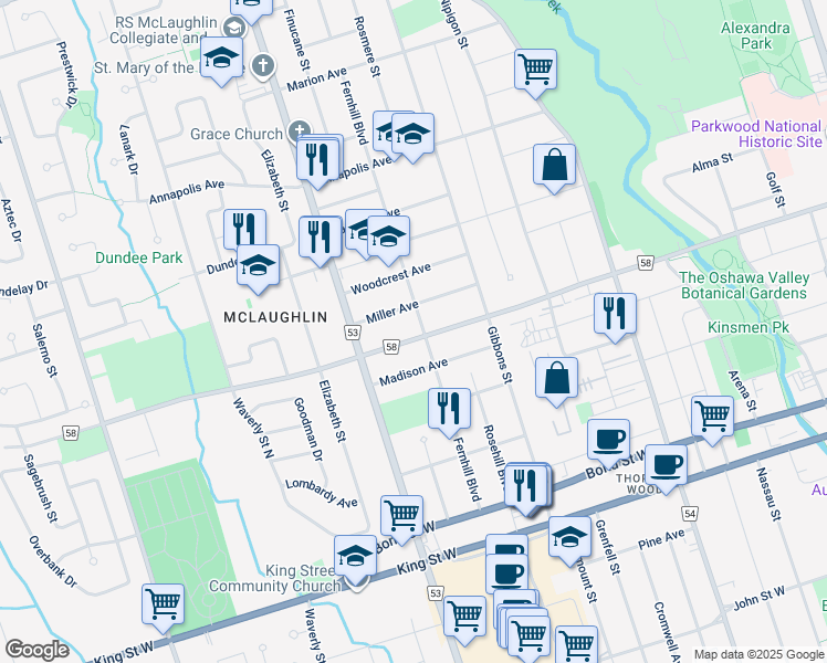 map of restaurants, bars, coffee shops, grocery stores, and more near 478 Adelaide Avenue West in Oshawa