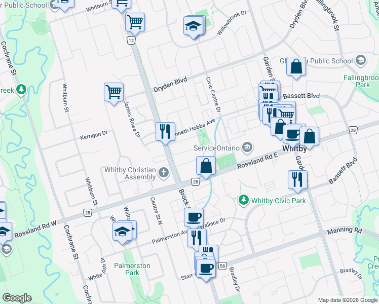 map of restaurants, bars, coffee shops, grocery stores, and more near 71 Barrister Avenue in Whitby