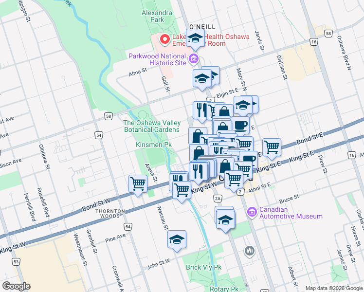 map of restaurants, bars, coffee shops, grocery stores, and more near 100 William Street West in Oshawa
