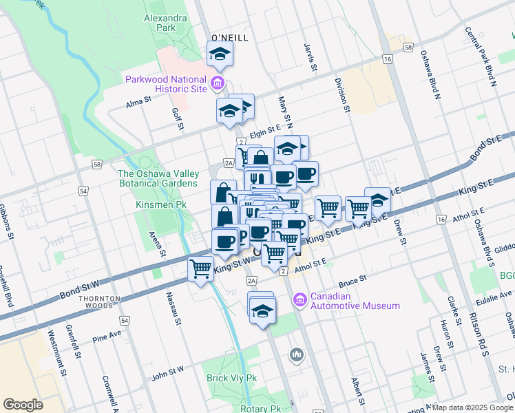 map of restaurants, bars, coffee shops, grocery stores, and more near in Oshawa