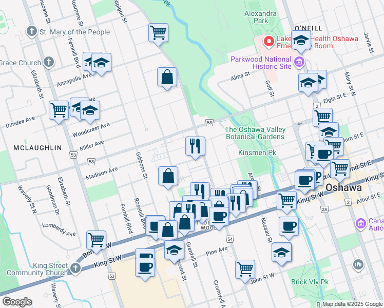 map of restaurants, bars, coffee shops, grocery stores, and more near in Oshawa