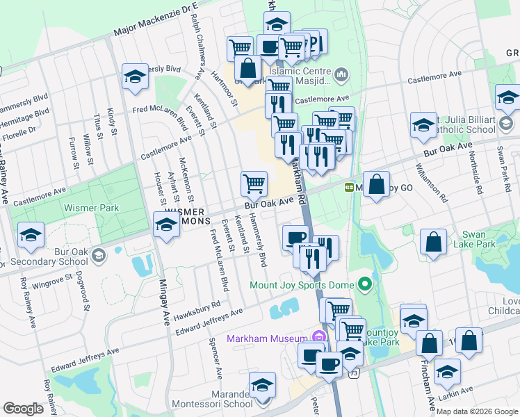 map of restaurants, bars, coffee shops, grocery stores, and more near 1655 Bur Oak Avenue in Markham