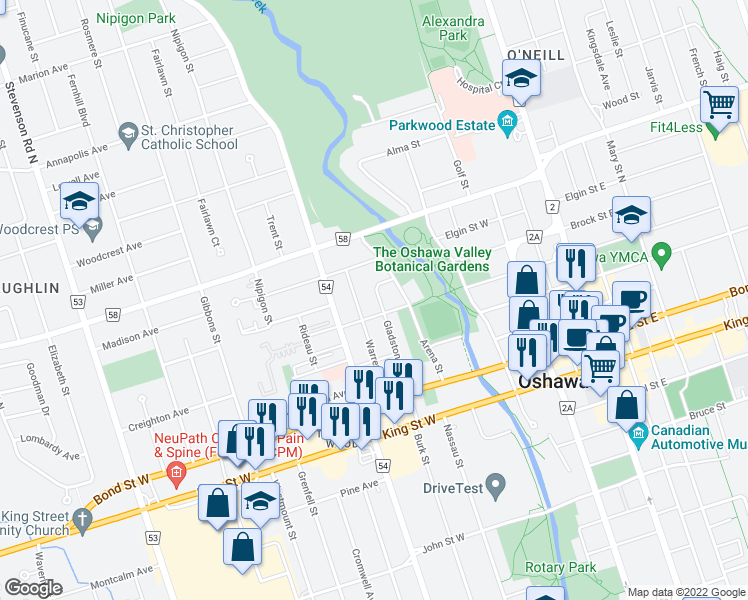 map of restaurants, bars, coffee shops, grocery stores, and more near 140 Gladstone Avenue in Oshawa