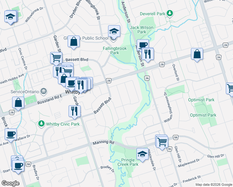 map of restaurants, bars, coffee shops, grocery stores, and more near 90 Rice Drive in Whitby