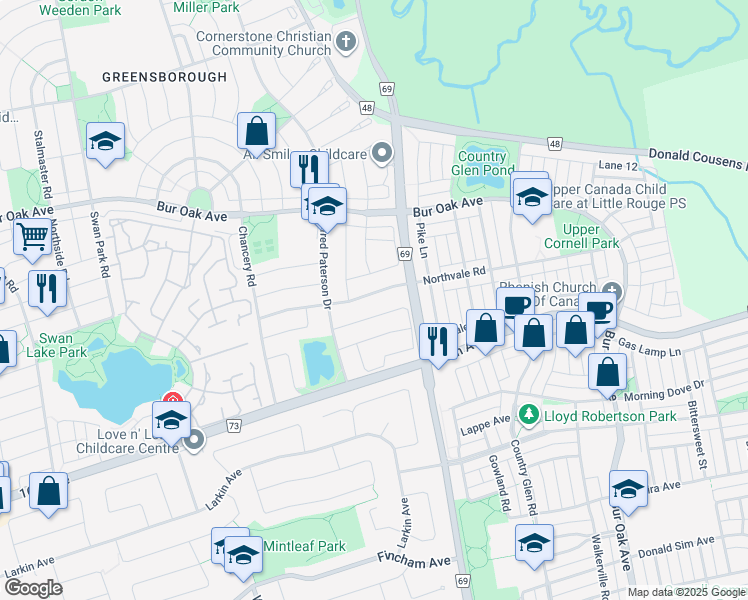 map of restaurants, bars, coffee shops, grocery stores, and more near 63 Victoria Wood Avenue in Markham