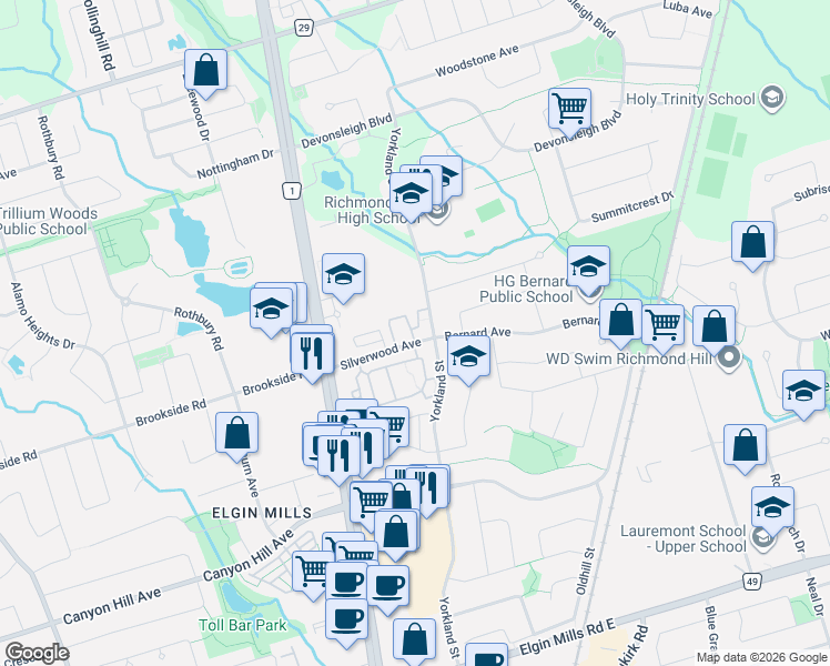 map of restaurants, bars, coffee shops, grocery stores, and more near in Richmond Hill
