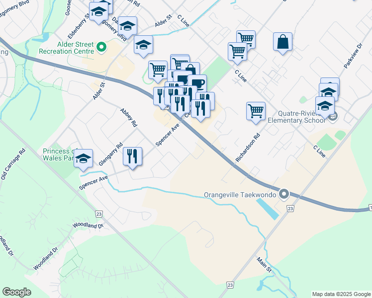 map of restaurants, bars, coffee shops, grocery stores, and more near Winterton Court in Orangeville