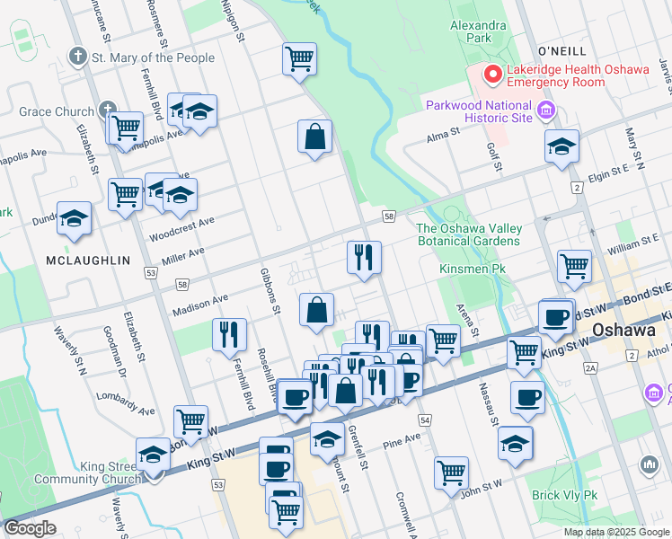 map of restaurants, bars, coffee shops, grocery stores, and more near 321 Elgin Street West in Oshawa