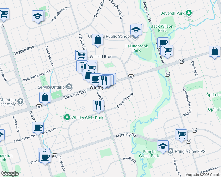 map of restaurants, bars, coffee shops, grocery stores, and more near 701 Rossland Road East in Whitby