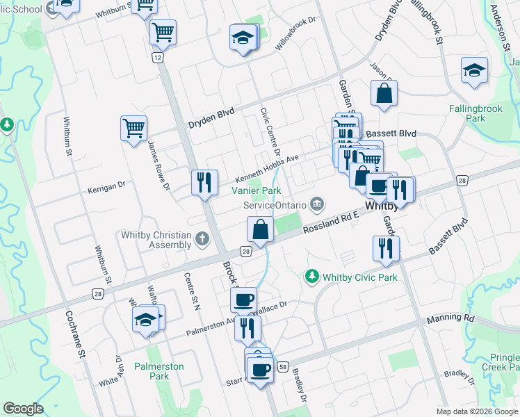 map of restaurants, bars, coffee shops, grocery stores, and more near 98 Donald Fleming Way in Whitby