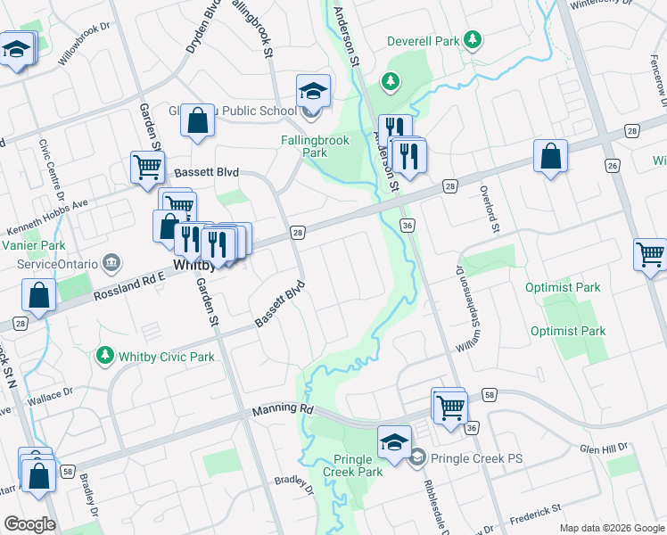 map of restaurants, bars, coffee shops, grocery stores, and more near 89 Rice Drive in Whitby