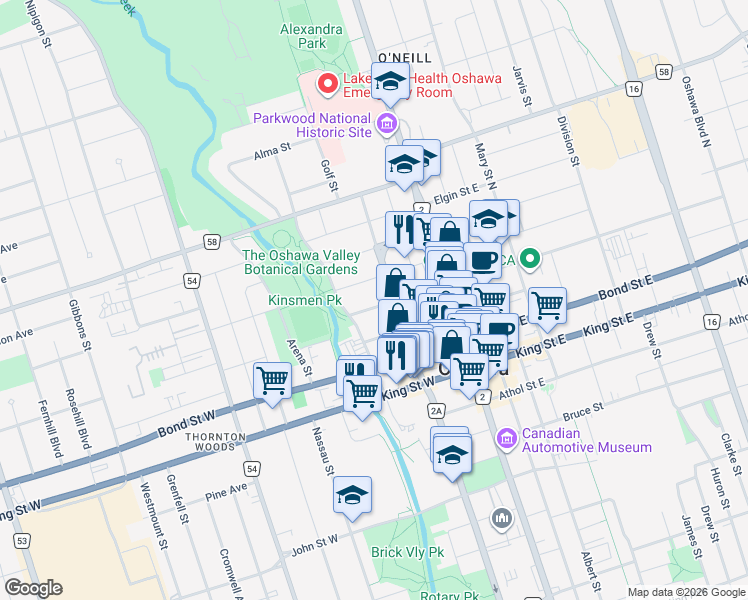 map of restaurants, bars, coffee shops, grocery stores, and more near 80 McMillan Drive in Oshawa