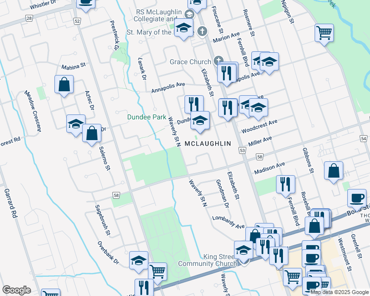 map of restaurants, bars, coffee shops, grocery stores, and more near in Oshawa