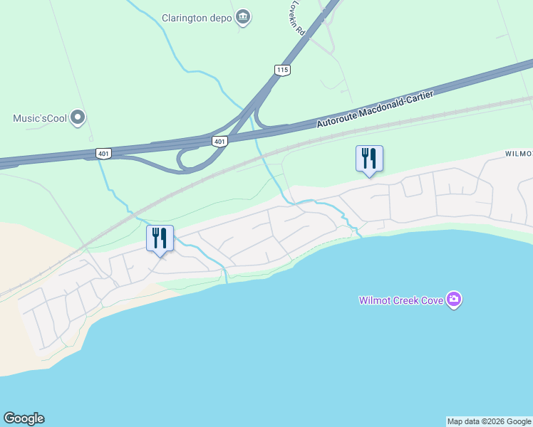 map of restaurants, bars, coffee shops, grocery stores, and more near 97 Wilmot Trail in Clarington