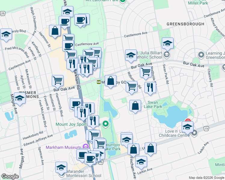 map of restaurants, bars, coffee shops, grocery stores, and more near 77 Sunburst Crescent in Markham