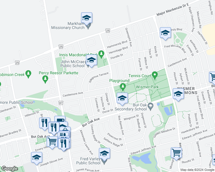 map of restaurants, bars, coffee shops, grocery stores, and more near 818 Castlemore Avenue in Markham
