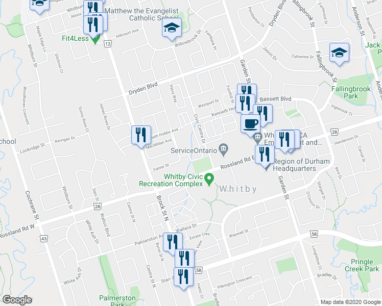 map of restaurants, bars, coffee shops, grocery stores, and more near 58 Donald Fleming Way in Whitby