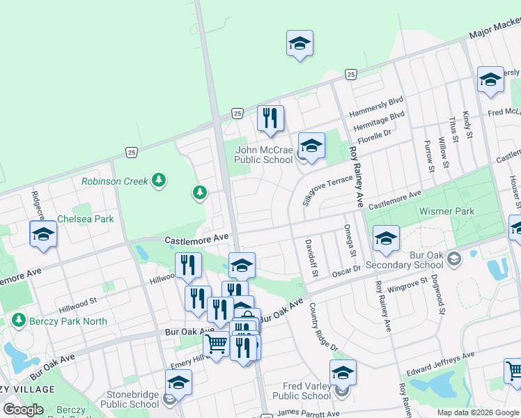 map of restaurants, bars, coffee shops, grocery stores, and more near 16 Staynor Crescent in Markham