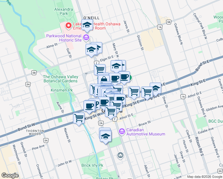 map of restaurants, bars, coffee shops, grocery stores, and more near 67 Simcoe Street North in Oshawa