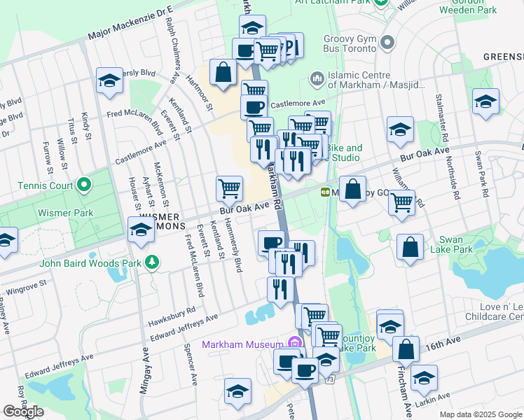 map of restaurants, bars, coffee shops, grocery stores, and more near 1709 Bur Oak Avenue in Markham