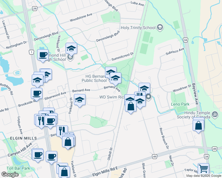 map of restaurants, bars, coffee shops, grocery stores, and more near 242 Bernard Avenue in Richmond Hill
