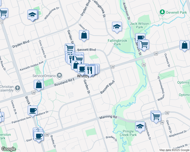 map of restaurants, bars, coffee shops, grocery stores, and more near 711 Rossland Road East in Whitby