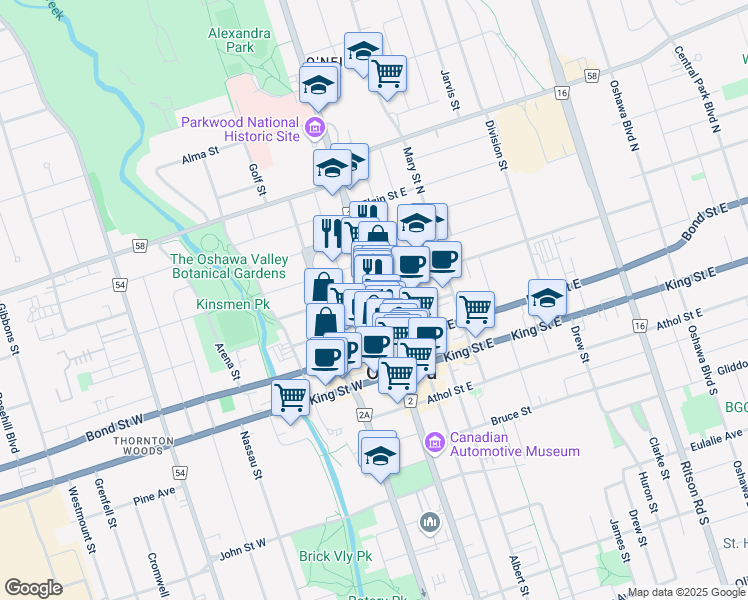 map of restaurants, bars, coffee shops, grocery stores, and more near 122 Durham Regional Road 2 in Oshawa