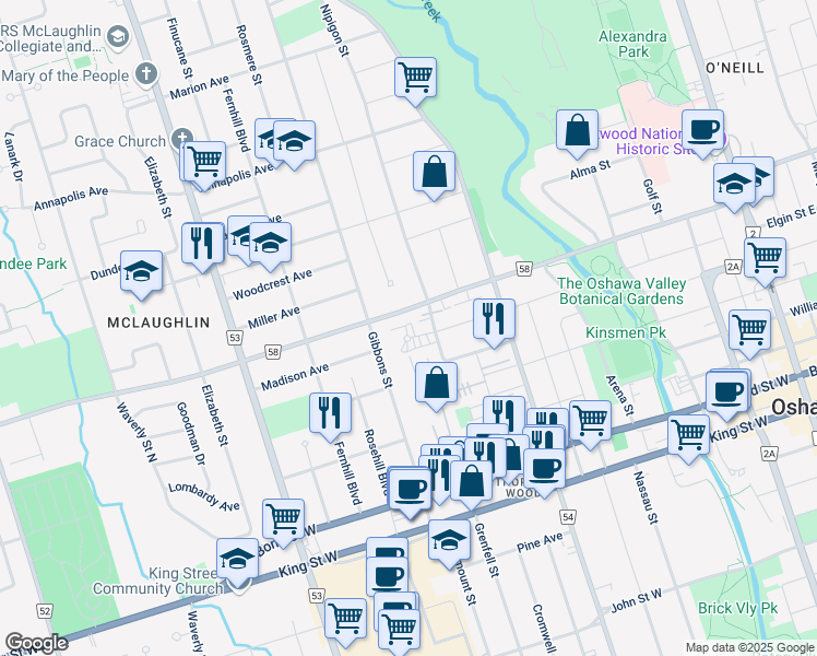 map of restaurants, bars, coffee shops, grocery stores, and more near in Oshawa
