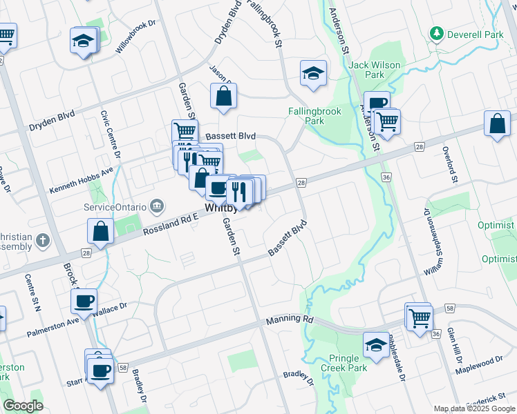 map of restaurants, bars, coffee shops, grocery stores, and more near in Whitby
