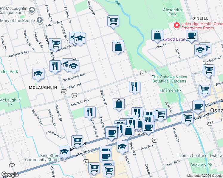 map of restaurants, bars, coffee shops, grocery stores, and more near 362 Elgin Court in Oshawa