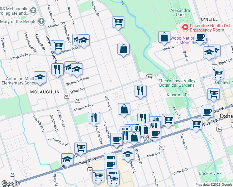 map of restaurants, bars, coffee shops, grocery stores, and more near 362 Elgin Court in Oshawa