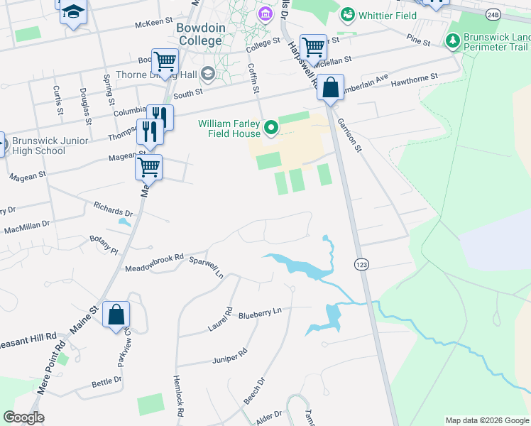 map of restaurants, bars, coffee shops, grocery stores, and more near 33 Meadowbrook Road in Brunswick