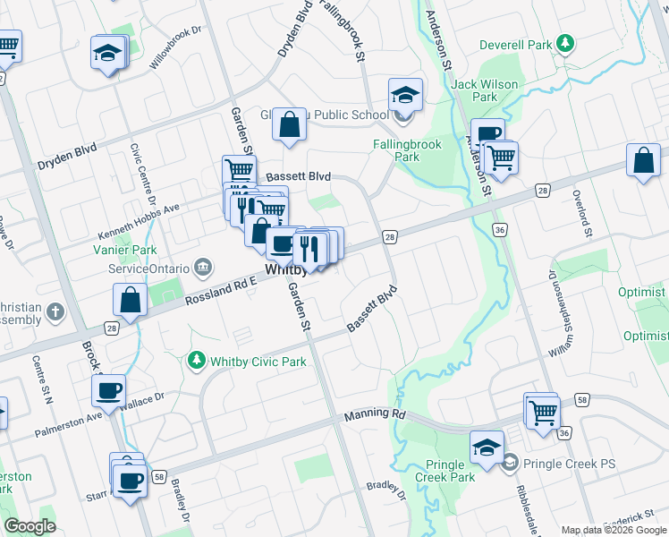 map of restaurants, bars, coffee shops, grocery stores, and more near in Whitby