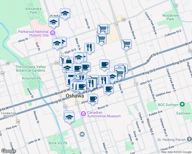 map of restaurants, bars, coffee shops, grocery stores, and more near 150 Bond Street East in Oshawa