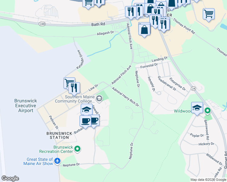 map of restaurants, bars, coffee shops, grocery stores, and more near 97 Admiral Fitch Avenue in Brunswick