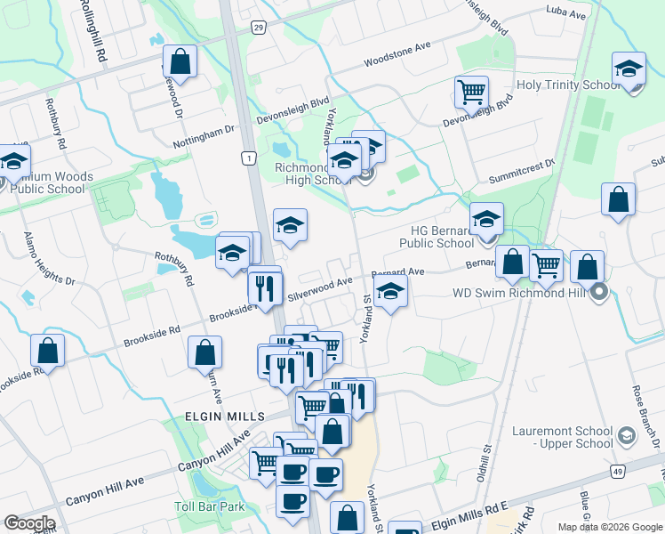 map of restaurants, bars, coffee shops, grocery stores, and more near 151 Silverwood Avenue in Richmond Hill