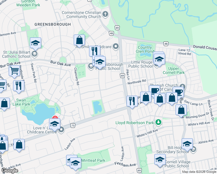 map of restaurants, bars, coffee shops, grocery stores, and more near 52 Victoria Wood Avenue in Markham
