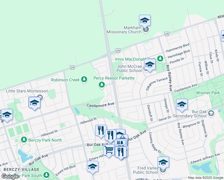 map of restaurants, bars, coffee shops, grocery stores, and more near 9874 McCowan Road in Markham