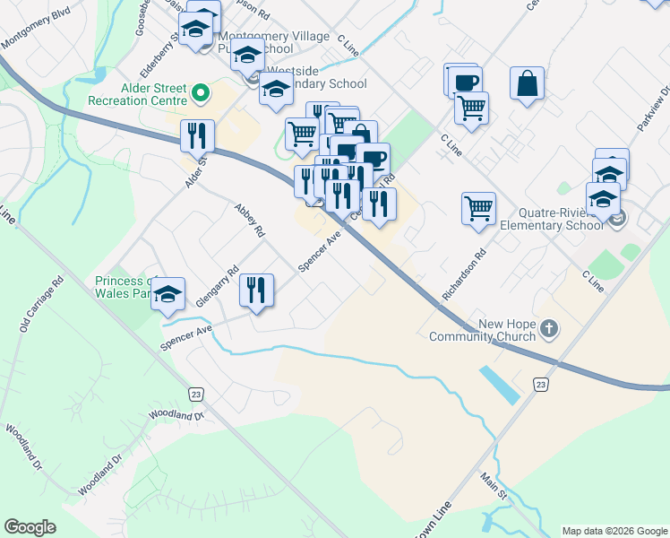 map of restaurants, bars, coffee shops, grocery stores, and more near 26 Winterton Court in Orangeville