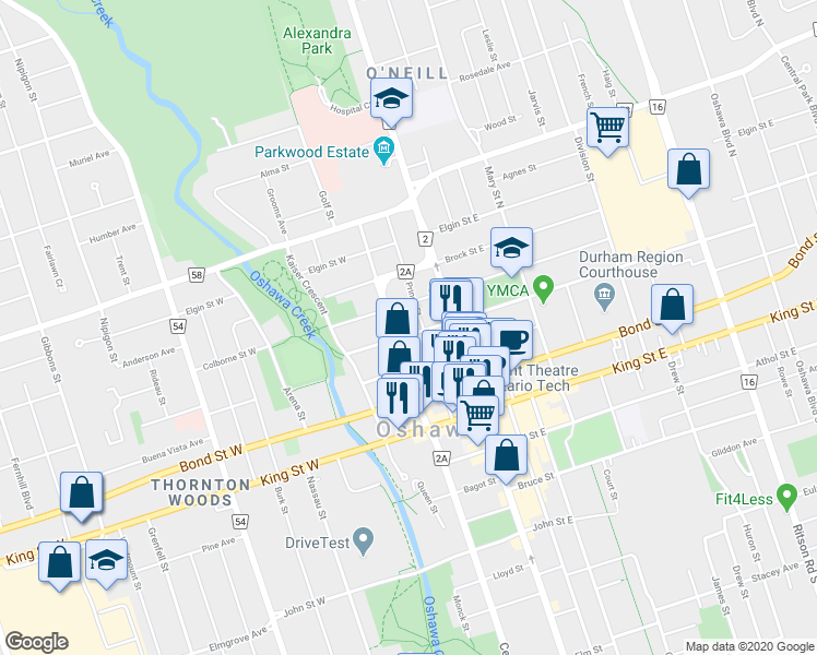map of restaurants, bars, coffee shops, grocery stores, and more near 44 William Street West in Oshawa