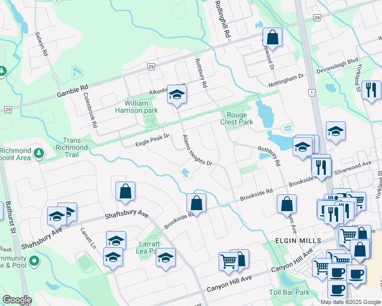 map of restaurants, bars, coffee shops, grocery stores, and more near Alamo Heights Drive in Richmond Hill