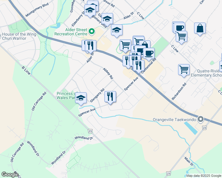 map of restaurants, bars, coffee shops, grocery stores, and more near 106 Glengarry Road in Orangeville
