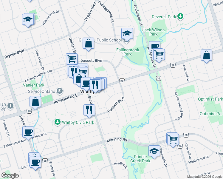 map of restaurants, bars, coffee shops, grocery stores, and more near 41 Davies Crescent in Whitby