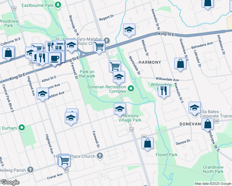 map of restaurants, bars, coffee shops, grocery stores, and more near 146 Harmony Road South in Oshawa