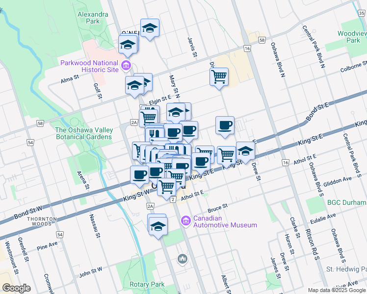 map of restaurants, bars, coffee shops, grocery stores, and more near in Oshawa