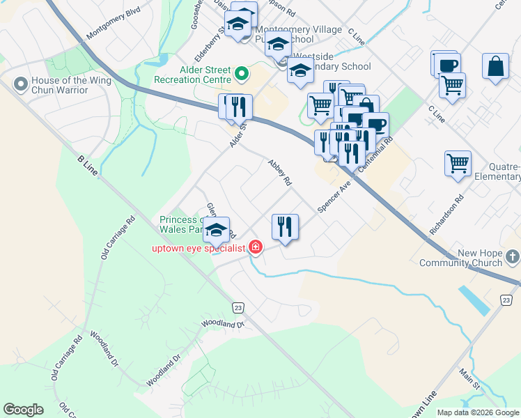 map of restaurants, bars, coffee shops, grocery stores, and more near 34 Settlers Road in Orangeville